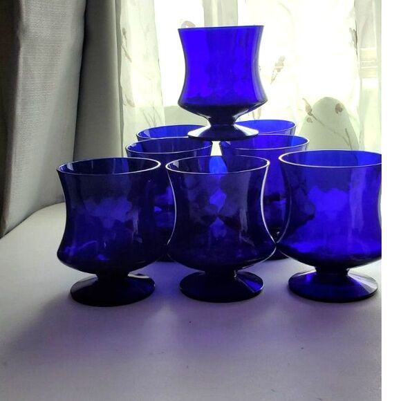 Seneca Glass co. "Fashionables" Cobalt Blue Optic Elegant Footed Water Glasses 8 - Picture 1 of 6